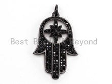 Load image into Gallery viewer, Black CZ Pave On Black Micro Pave Hamsa Hand with Flat Square Bail Pendant, CZ Pave Pendant, 22x34mm, sku#F379