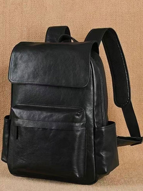 Genuine Leather Commuter Backpack for Men – Flip-Top Multi-Pocket Urban Business Bag