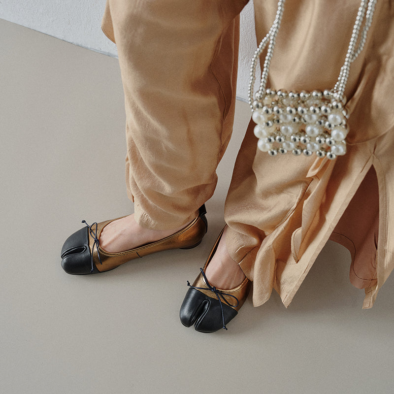 Women's Split-Toe Tabi Bow Ballet Flats | Full Grain Leather Slip-On Flat Shoes