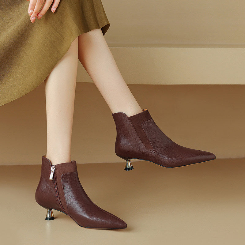 Women's Genuine Leather Pointed-Toe Kitten Heel Ankle Boots | Side Zipper | Black & Brown