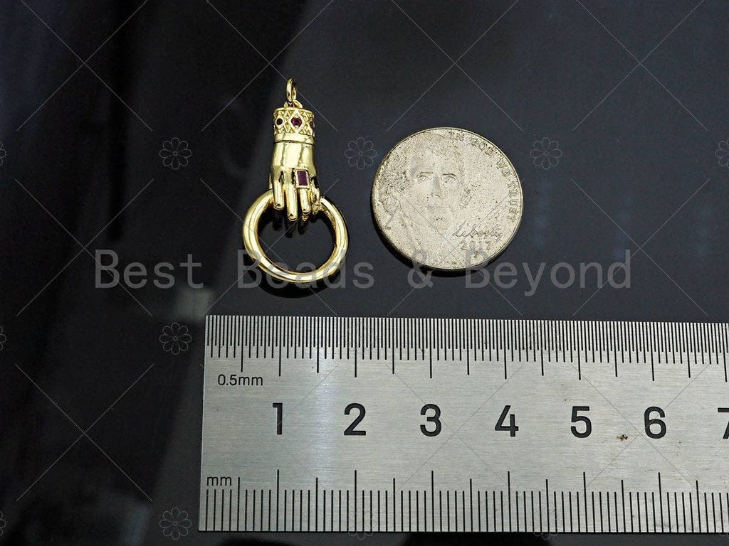 Gold Filled Fuchsia CZ Micro Pave Hand Grabing Round Ring Shape Pendant,18K Gold Filled Charm, Necklace Bracelet Pendant, 28x15mm,Sku#Z1369