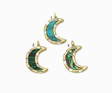 Load image into Gallery viewer, Baguette CZ Abalone Turquoise Malachite Cresent Moon Charm, Sku#L682