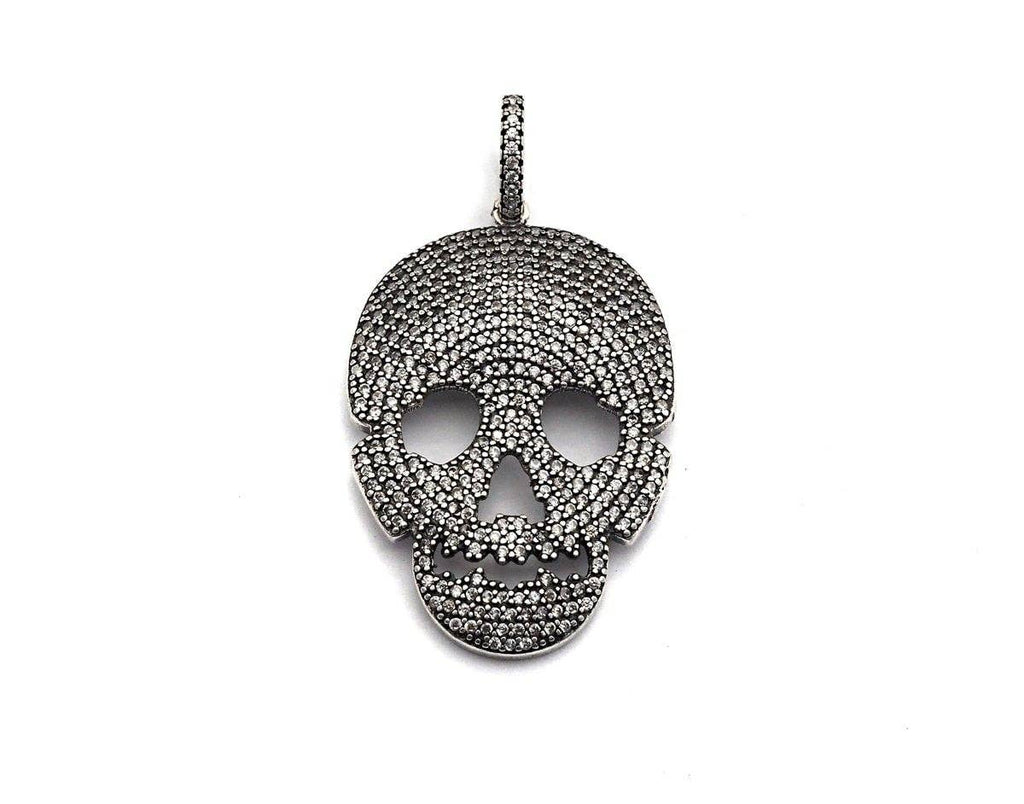 CZ Micro Pave Skull Pendant, Antique Finish Silver Tone, Clear Cubic Zirconia Big Pave Skull Charm Pendant,26x40mm, sku#F986