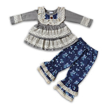 Load image into Gallery viewer, Gray cotton lace shirt ruffle pants children boutique clothes
