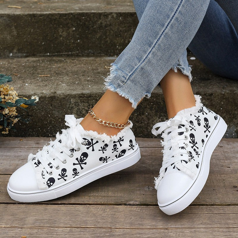 Women's Graffiti Hip-Hop Casual White Sneakers – Lace-Up Low-Top Street Style