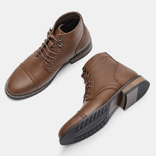 Load image into Gallery viewer, Men's Vintage Casual Leather Boots – Mid-Calf Wedge Heel, Rubber Sole, Stitched Paneling