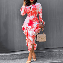 Load image into Gallery viewer, Autumn Winter Office Printed Ruffled Sheath One Step Dress