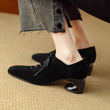 Load image into Gallery viewer, Women's Retro Sheepskin Chunky Heel Square Toe Pumps | Lace-Up Mid Heel Shoes