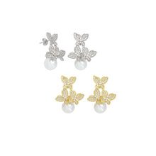 Load image into Gallery viewer, Clear CZ White Pearl Butterfly Stud Earrings, Sku#L725