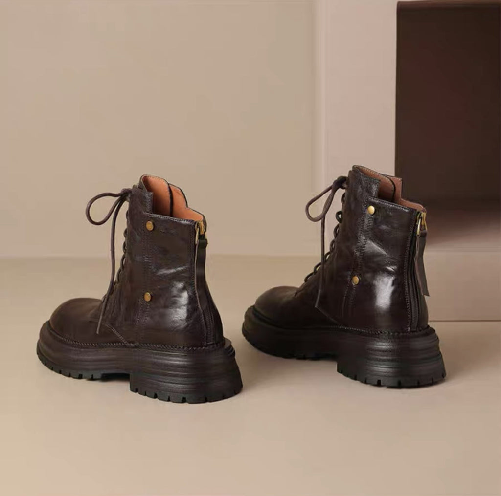 Women's Chunky Sole Lace-Up Ankle Boots - Warm Winter Faux Leather Boots with Tassel Detail