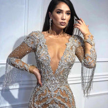 Load image into Gallery viewer, Women Clothing Deep V Plunge neck Hollow Out Cutout out Long Sleeve Gold Maxi Dress