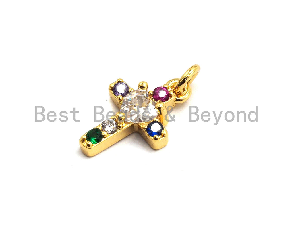 CZ Colorful Micro Pave Cross With Big CZ Pendant, Cross Shaped Pave Pendant, Gold plated, 9x14mm, Sku#F737