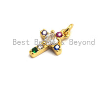 Load image into Gallery viewer, CZ Colorful Micro Pave Cross With Big CZ Pendant, Cross Shaped Pave Pendant, Gold plated, 9x14mm, Sku#F737