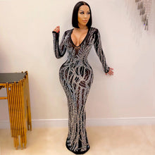 Load image into Gallery viewer, Nightclub Sexy Rhinestone Diamond Embedded Sheer Mesh Shiny Women Dress Long