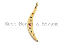 Load image into Gallery viewer, CZ Colorful Micro Pave Flat Crescent Moon Gold Pendant, Moon Shaped Pave Pendant, Gold plated, 7x49mm, Sku#F874