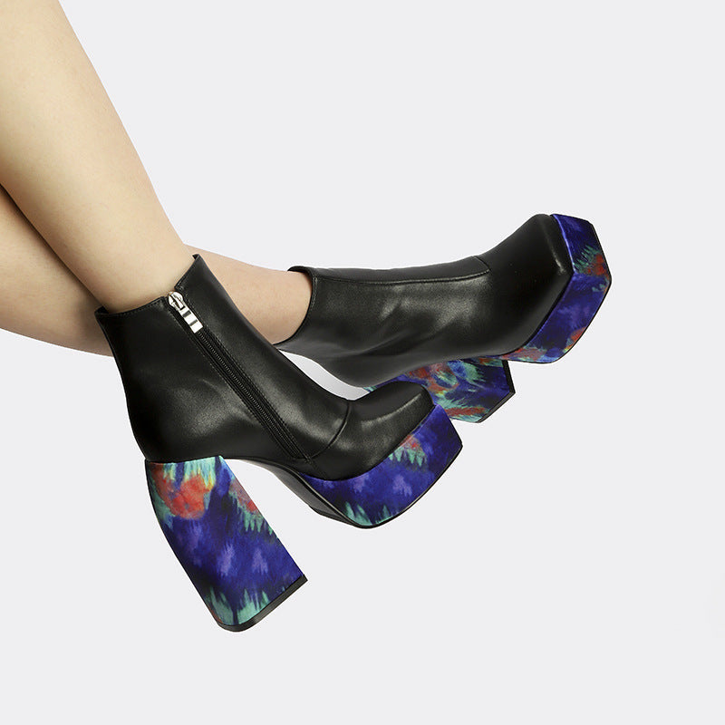 Women's High-Heel Leather Fashion Boots - Square Toe Chunky Heel Side Zipper