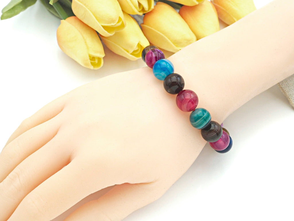 Colorful Banded Agate Stretch Bracelet,Sku#EF11