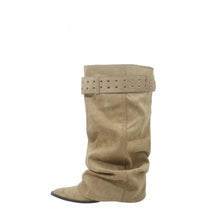 Load image into Gallery viewer, Women's Knee-High Western Boots | Pointed Toe Stiletto Heel | Buckle Detail | Khaki &amp; Black