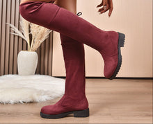 Load image into Gallery viewer, Women's Burgundy Suede Lace-Up Knee High Boots | Chunky Heel Side Zip