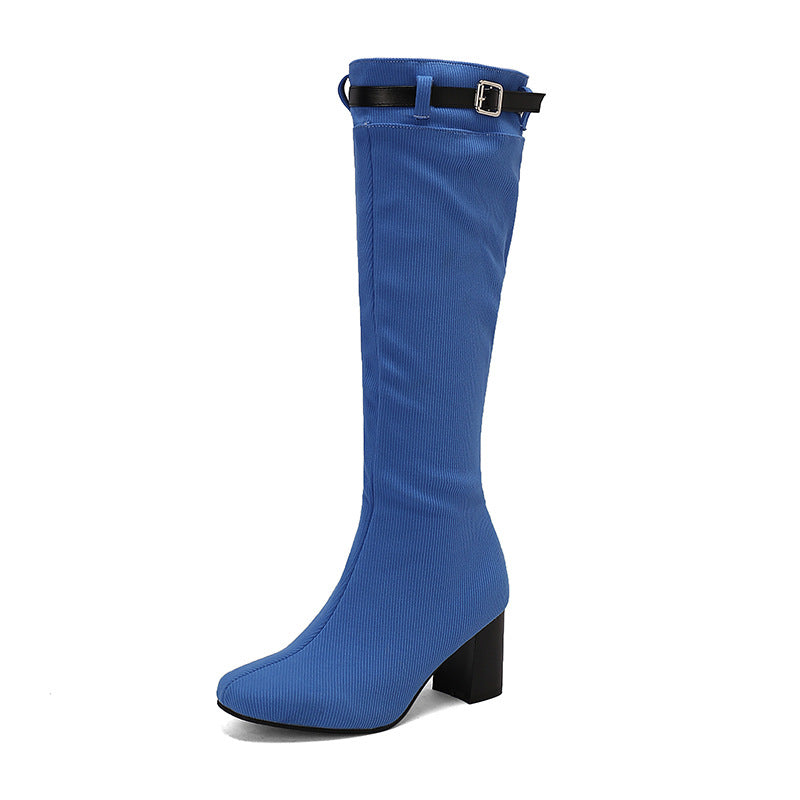 Chunky-Heeled Over-the-Knee Boots with Color-Block Leather Belt Buckle - Women's High Fashion Boots