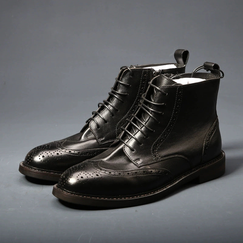 Men's Thick-Soled Leather Boots | Chunky Heel Mid-Calf Lace-Up Boots for Men