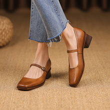 Load image into Gallery viewer, Retro Square Toe Chunky Heel Leather Pumps - Genuine Cowhide Leather Women's Shoes