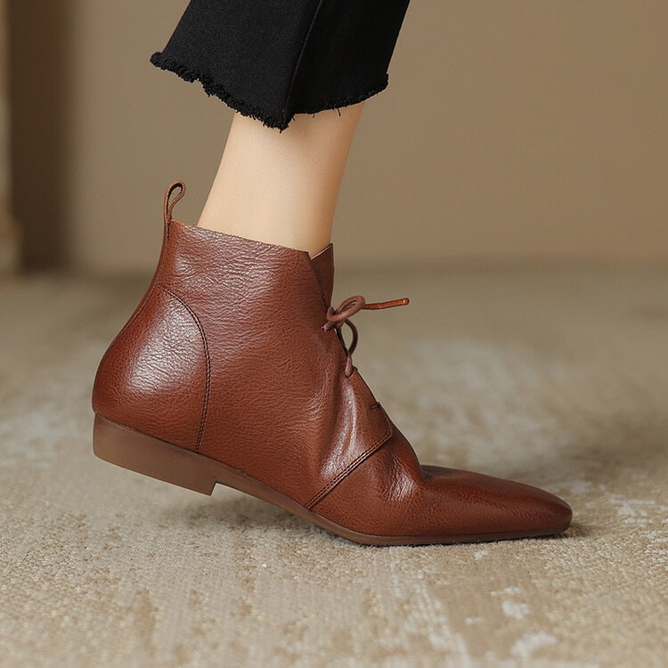 Women's Vintage Round Toe Ankle Boots - Genuine Leather Slip-On Chunky Heel Winter Boots