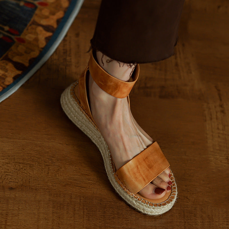 Women's Braided Leather Vintage Wedge Sandals | Round Toe Velcro Strap
