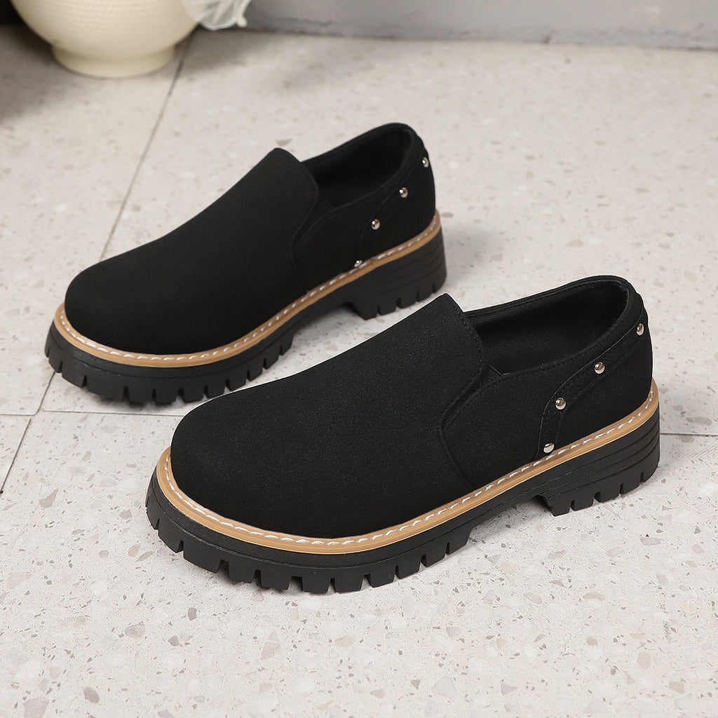 Women's Rivet Slip-On Chunky Heel Casual Shoes – PU Leather Low-Top British Style