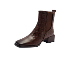 Load image into Gallery viewer, Retro Woven Square-Toe Chunky-Heel Women's Full-Grain Leather Boots with Elastic Side Panels