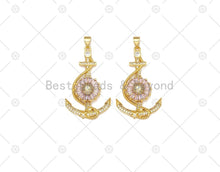 Load image into Gallery viewer, CZ Micro Pave Boat Anchor Shape Pendant, 18K Gold Filled Big Pink CZ Flower Charm, Necklace Bracelet Charm Pendant,22x36mm, Sku#LK472