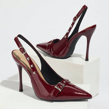Load image into Gallery viewer, Women's Pointed-Toe Stiletto Heels | Synthetic Leather Buckle Rivet Heels