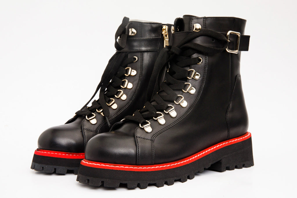 The Belgrano Black Leather Lace-Up Ankle Women Boot With a Side Zipper