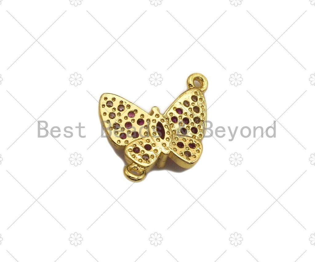 Fuchsia CZ Butterfly Connector, Butterfly Bracelet Link, Butterfly Pendant, Cubic Zirconia Pendant, Gold Tone, 16x18mm, Sku#LK86