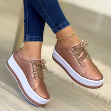 Load image into Gallery viewer, Women's Ribbon Lace-Up Platform Sneakers | PU Leather Round-Toe Flats
