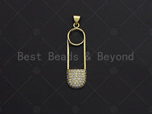 Load image into Gallery viewer, Clear CZ Micro Pave Safe Pin Shape Pendant, CZ Micro Pave Safe Pin pendant, Gold Pave pendant, 11x37mm, sku#LK17