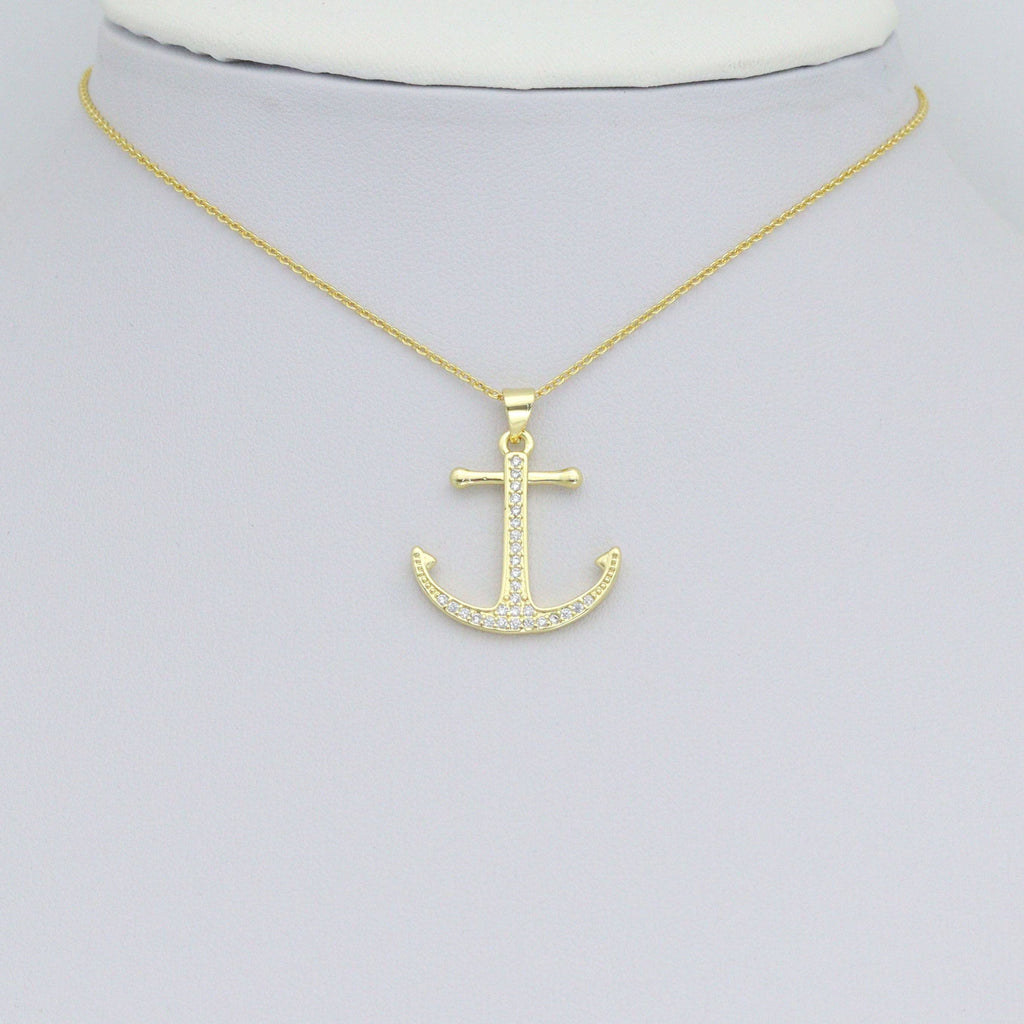 Clear CZ Gold Boat Anchor Charm Pendant, Sku#LK1166