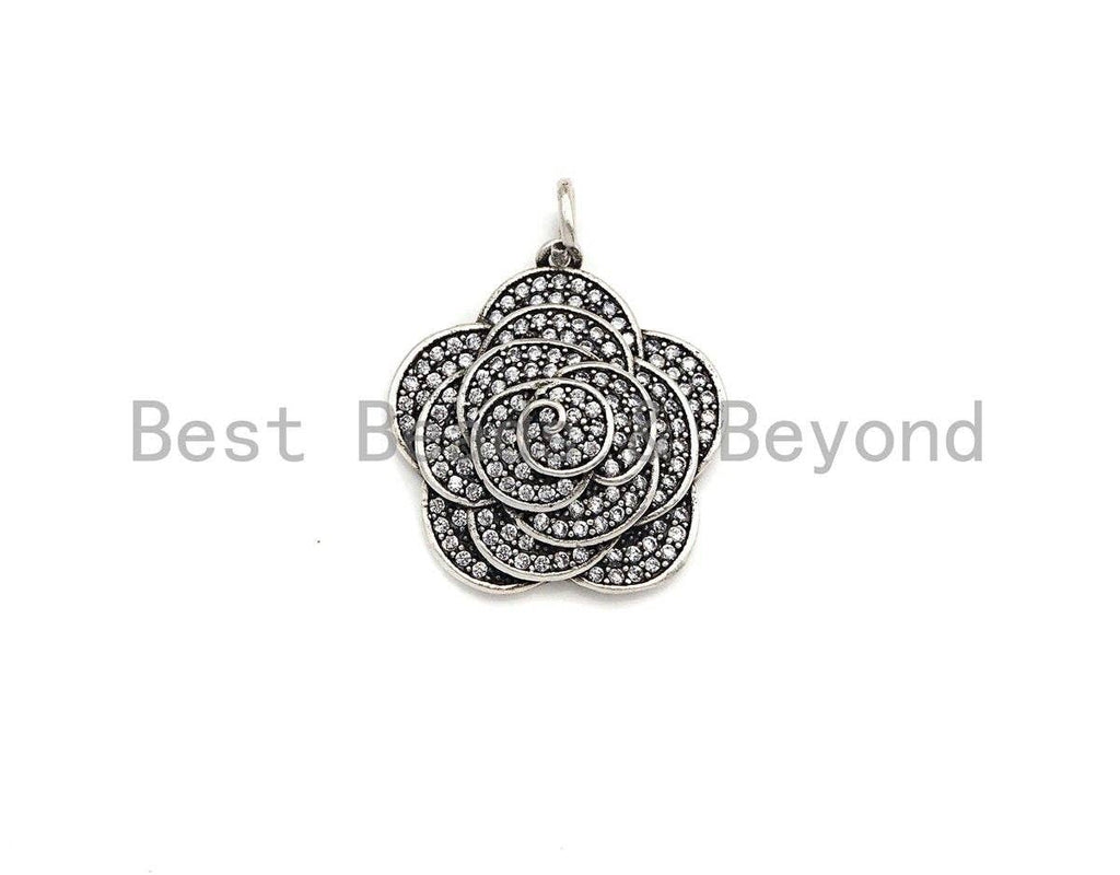 CZ Micro Pave Rose Flower Shape Pendant, Antique Silver Tone, Cubic Zirconia Pave Flower Charm Pendant, 23x25mm,sku#F1029C