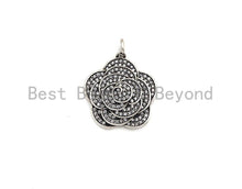 Load image into Gallery viewer, CZ Micro Pave Rose Flower Shape Pendant, Antique Silver Tone, Cubic Zirconia Pave Flower Charm Pendant, 23x25mm,sku#F1029C