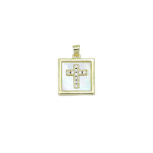 Load image into Gallery viewer, Gold Clear CZ Cross On Square Mother of Pearl Charm Pendant, Sku#LK994