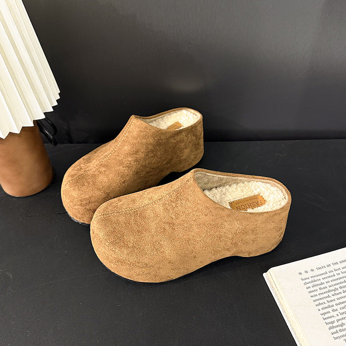 Women's Round-Toe Chunky Heel Platform Half Slippers | Faux Fur Lined Suede Mule Shoes