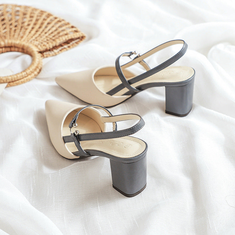 Women's Pointed-Toe Open-Heel Chunky Heel Shoes | T-Strap Buckle High Heels