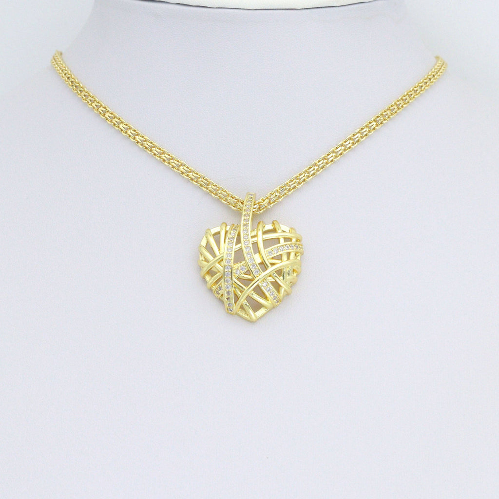 Clear CZ Gold Cage Puffy Heart Charm Pendant, Sku#LD708