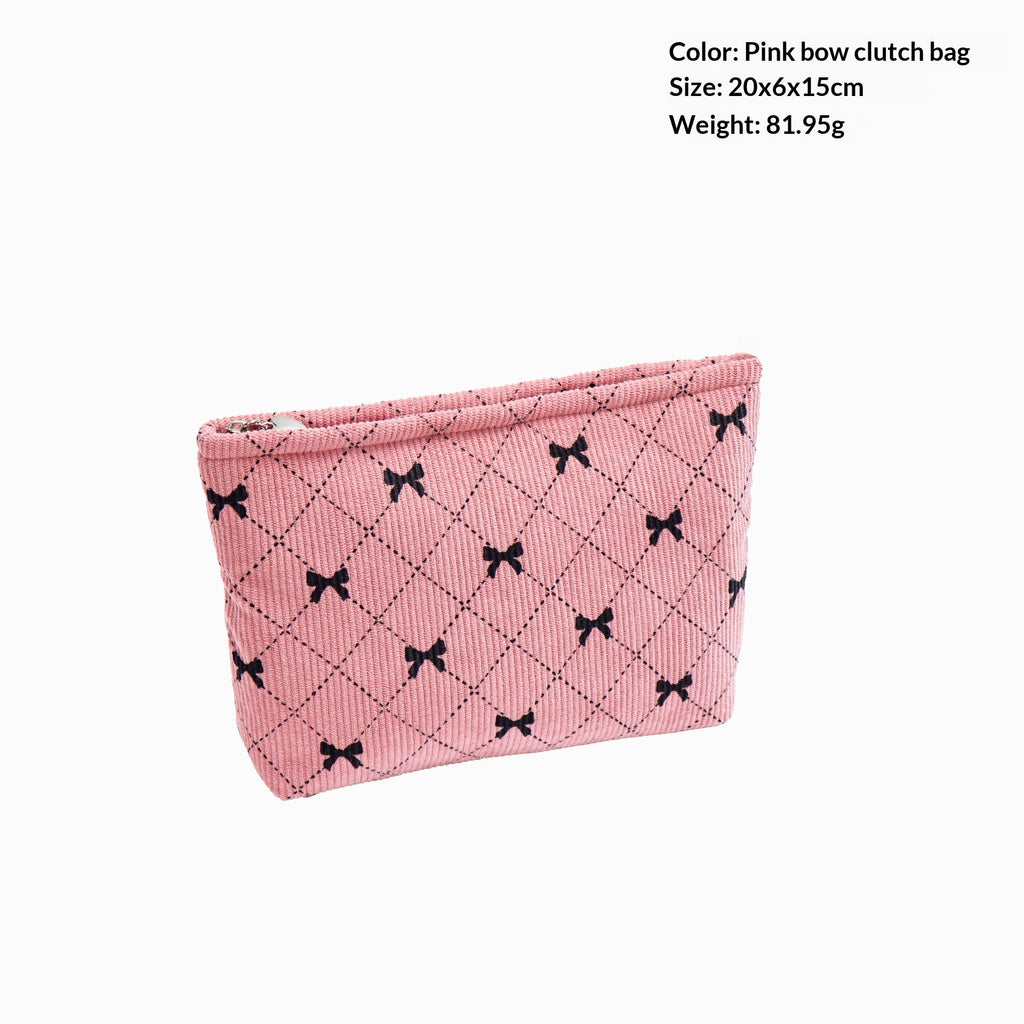 Corduroy Bow-Knot Makeup Bag - Large Capacity Cosmetic Organizer with Zipper