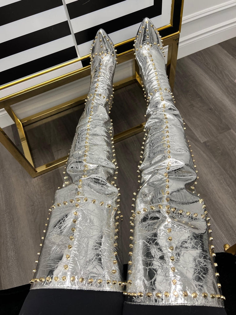 Women's Gold Studded Stiletto Pointed-Toe Fashion Boots | High Heel Slip-On