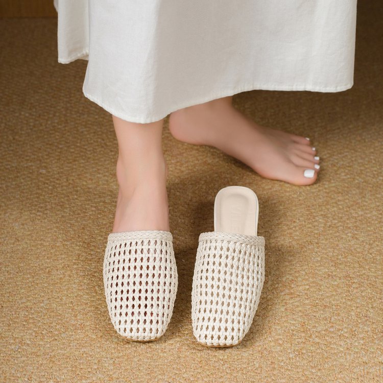 Women's Woven Square Toe Sandals - Casual Summer Flats with Synthetic Leather Upper