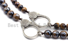 Load image into Gallery viewer, Plated Brown Tiger Eye Attachment Necklace with Large CZ Pave Silver clasp, 18 long, 8mm/10mm beads size, sku#D46