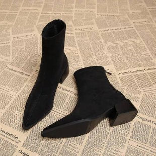 Women's Pointed-Toe Chunky Heel Boots | Back Zipper | Leopard Print, Black, Yellow, Brown