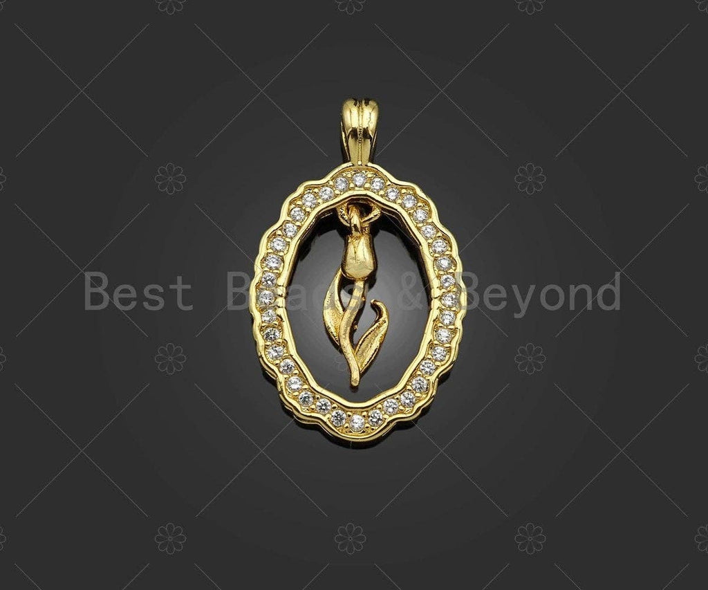 CZ Micro Pave Flower On Oval Shape Pendant/Charm,Cubic Zirconia Dangle Flower Charm, Necklace Bracelet Charm Pendant,15x24mm, Sku#LK270
