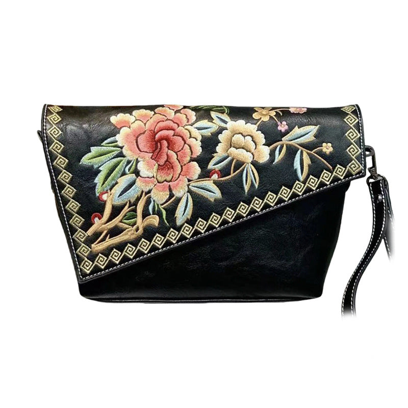 Embroidered Chinese-Style Women's Handbag - PU Leather Crossbody Shoulder Bag with Multiple Compartments